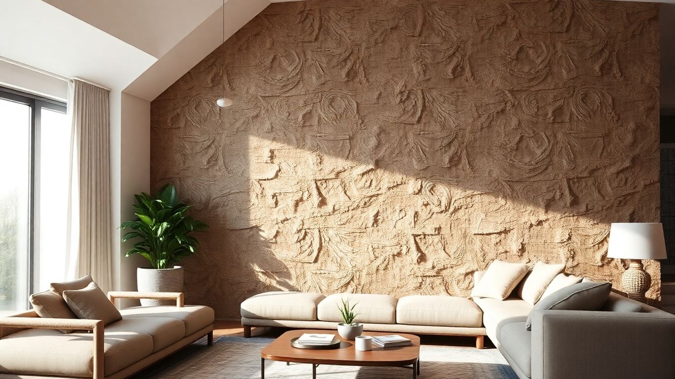 Textured accent wall in a modern living room.