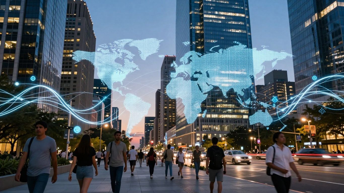 Oraș global conectat prin tehnologie și inovație.