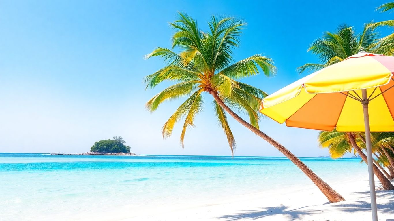 Tropical beach with palm trees and clear blue water.