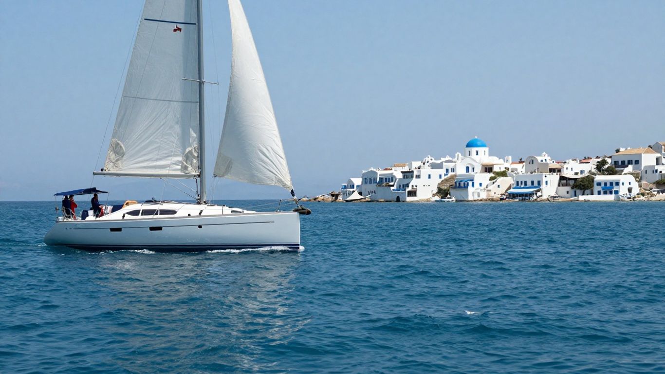 Sailboat on Aegean Sea near Greek island.