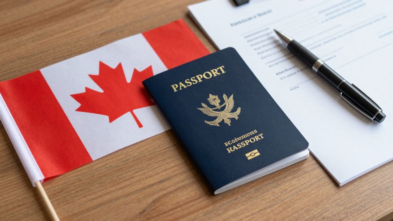 Passport, Canadian flag, and travel consent letter on table.