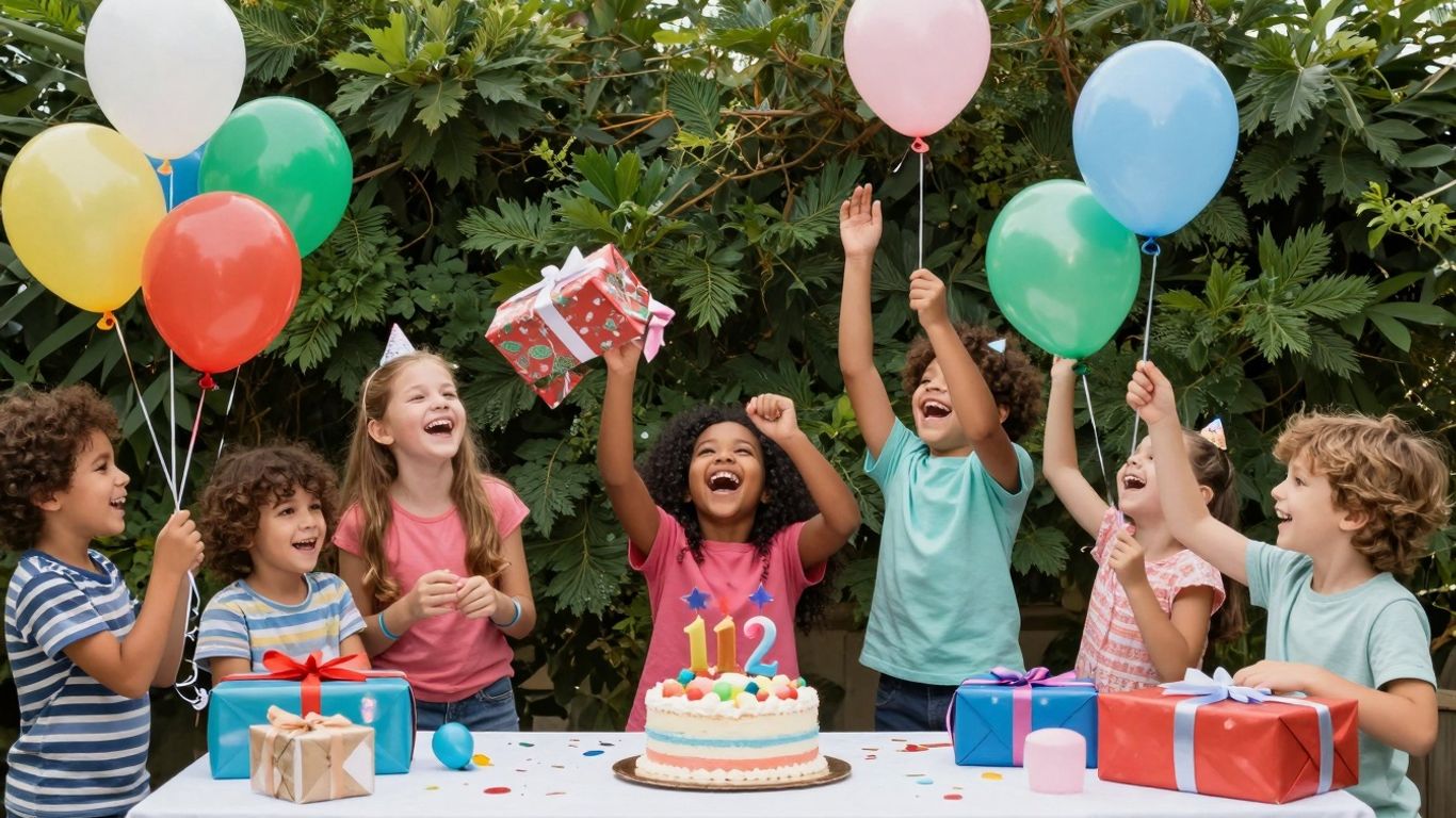 Children celebrating a birthday party with balloons and cake.
