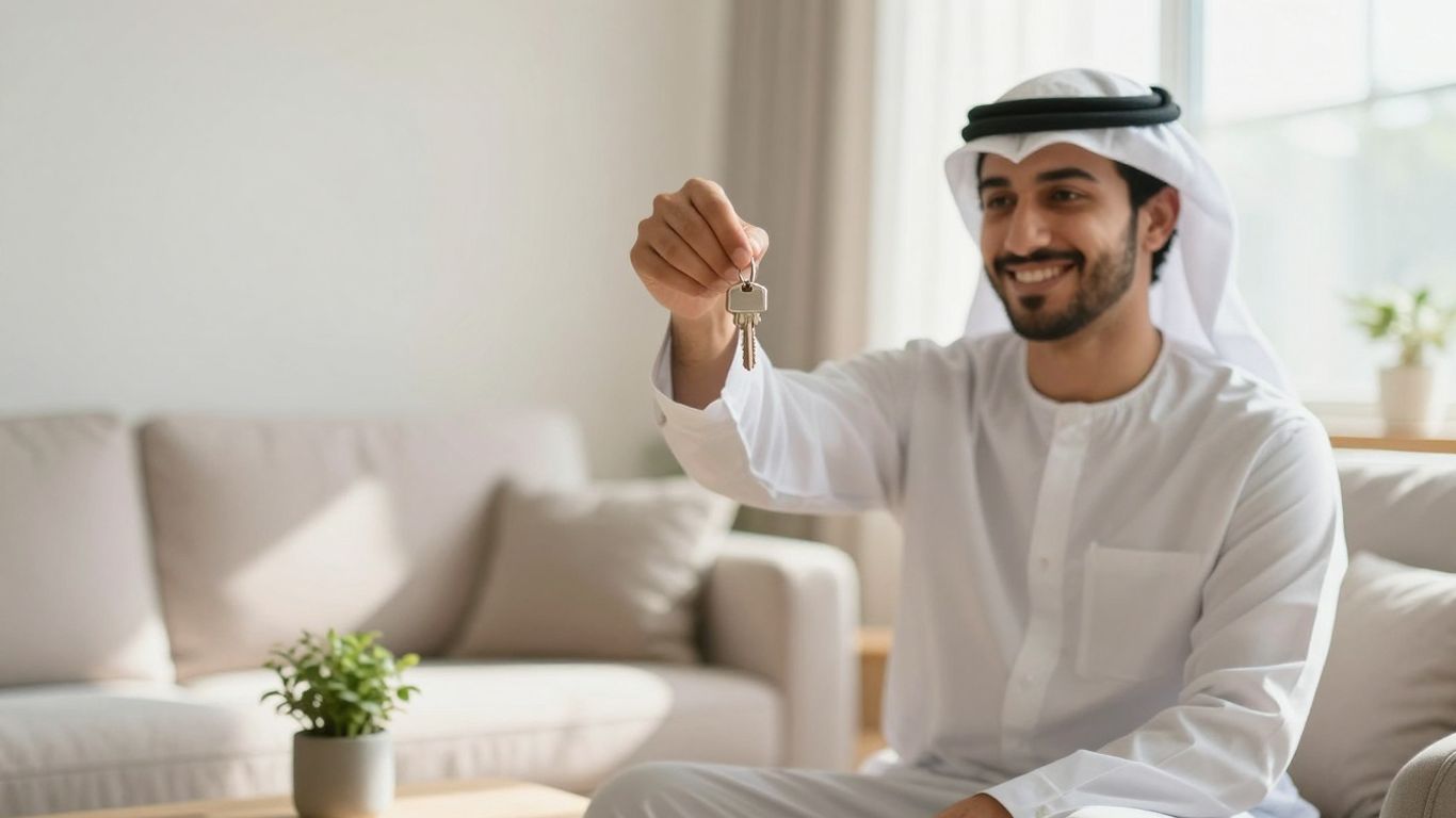 Persona sonriente con llaves y seguro de hogar.