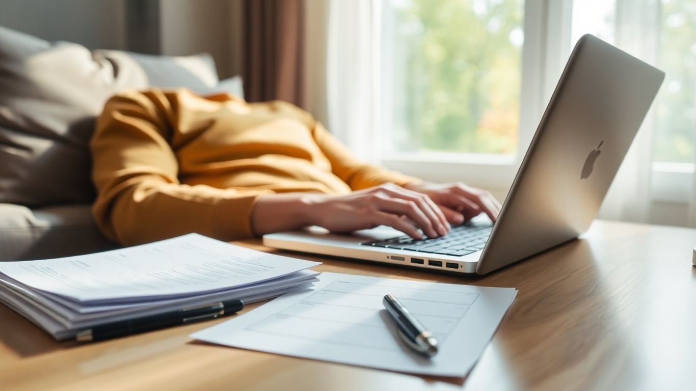 Person typing on laptop at home.