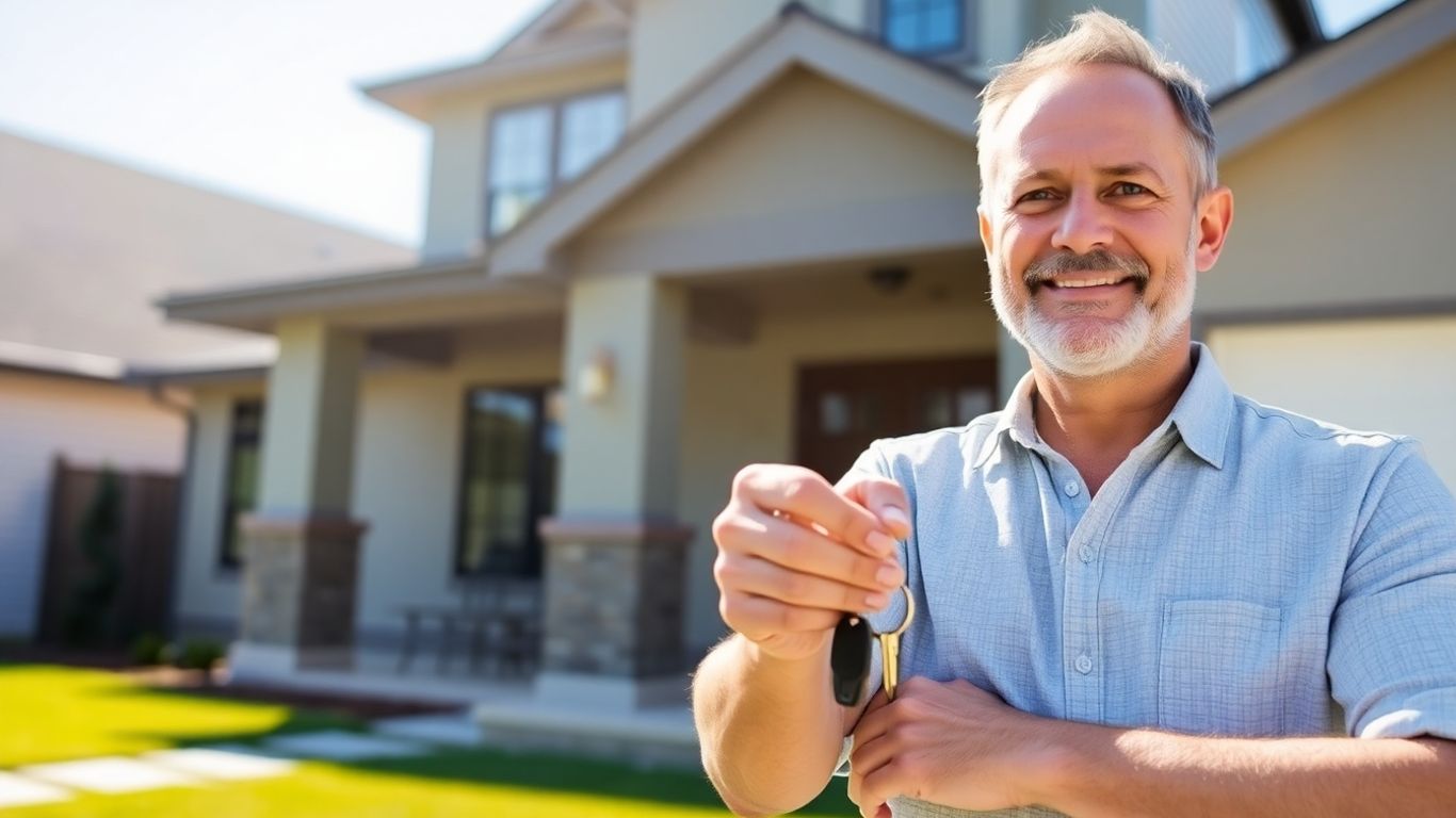 Propietario feliz frente a su casa con llaves
