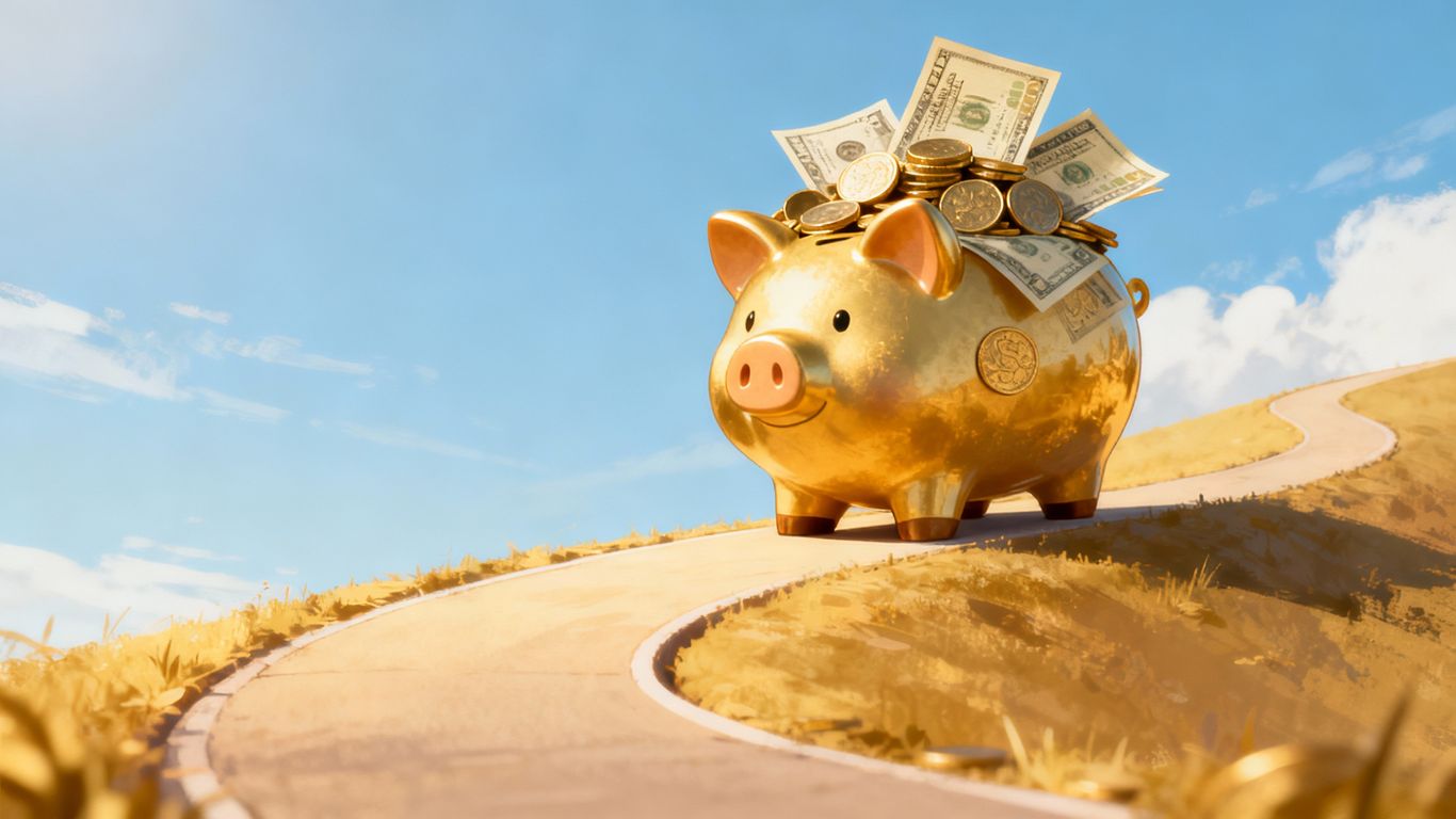 Piggy bank with coins and bills, smooth path.