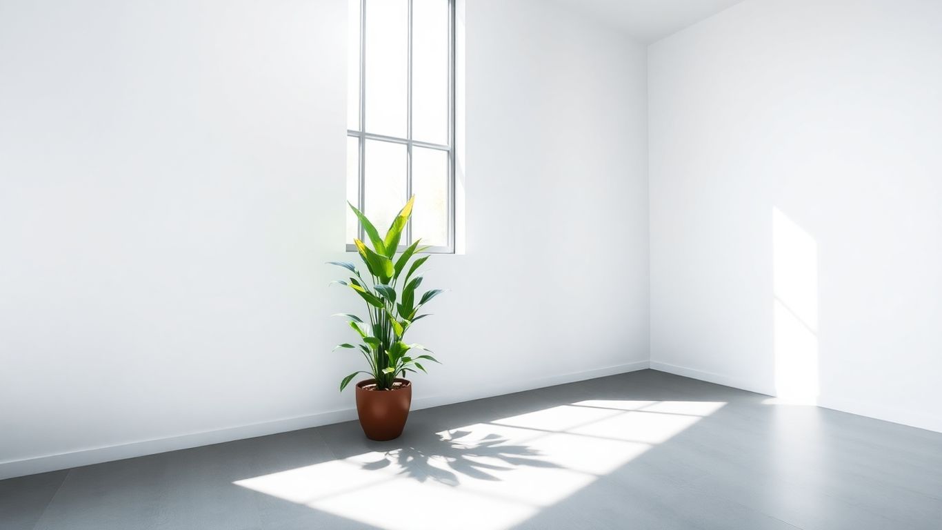 Minimalist interior with plant and sunlight.