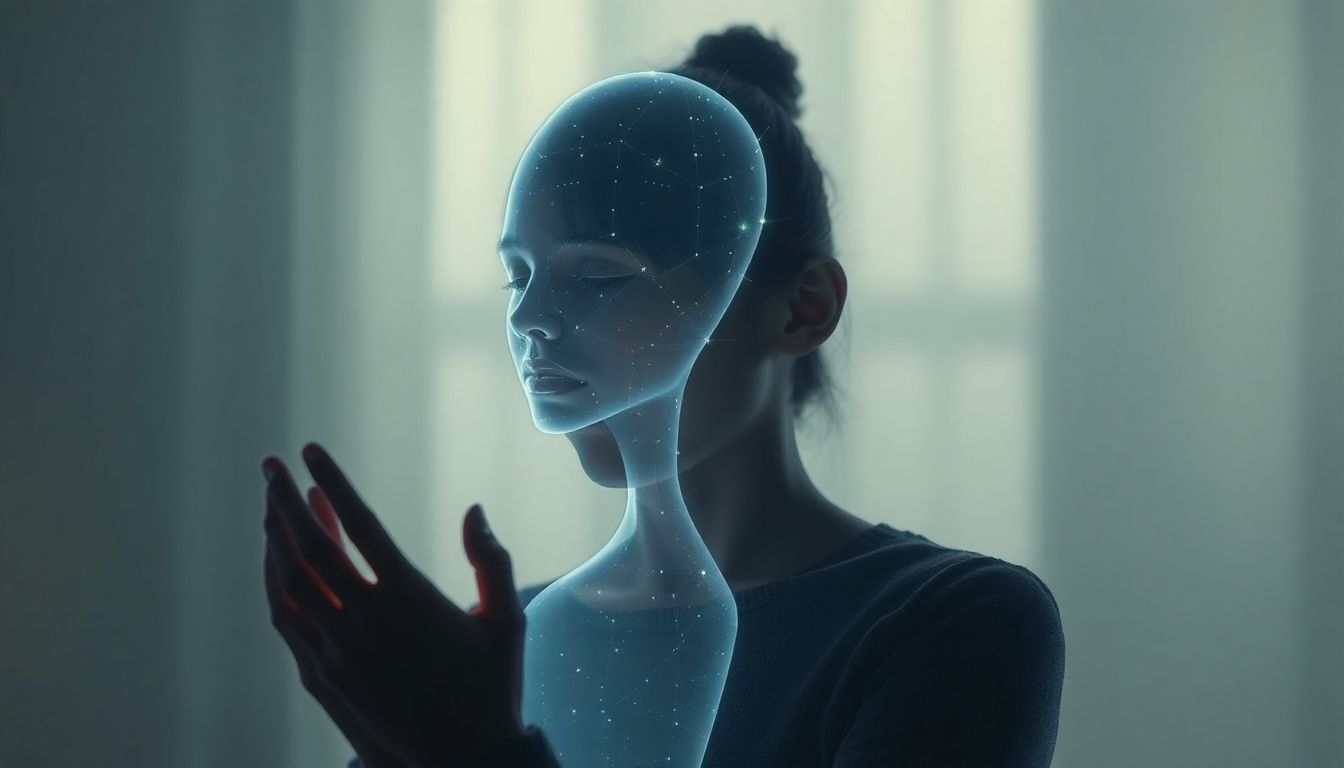 AI avatar of deceased loved one interacting with a grieving person.