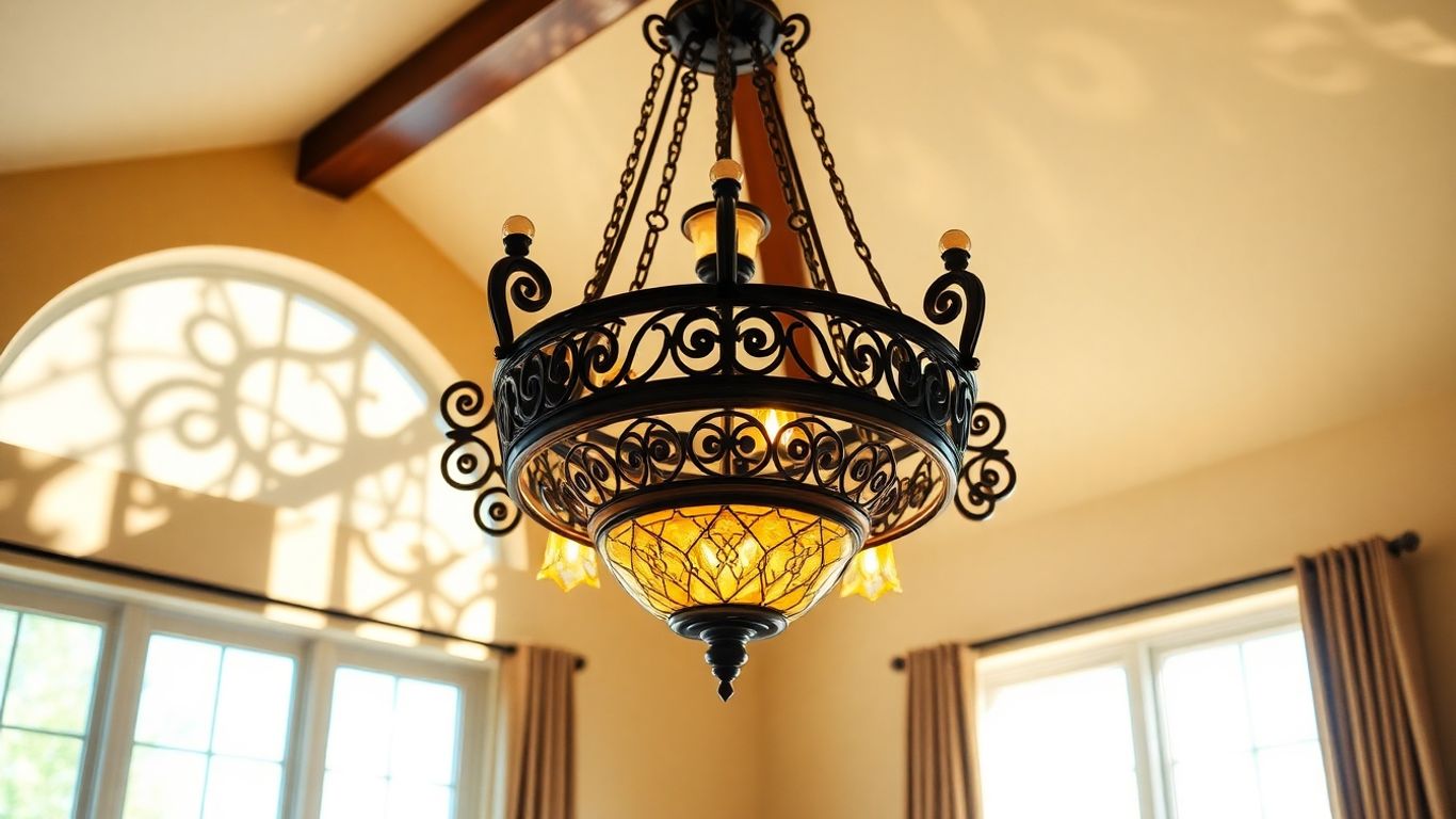 Authentic Mediterranean light fixture casting warm, patterned light.