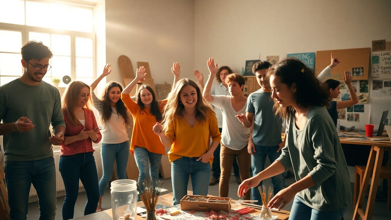 Young people creating art in a bright studio.