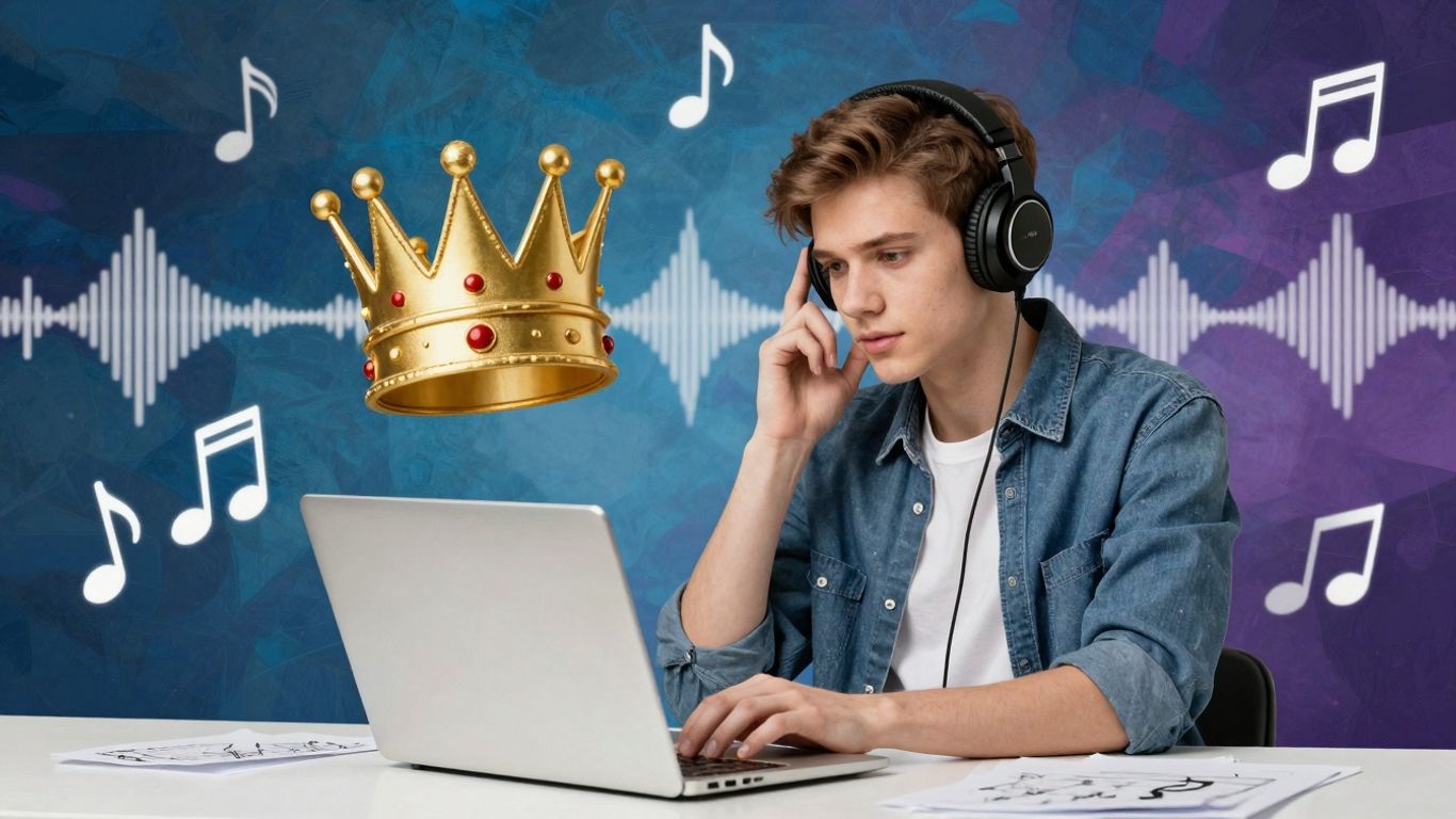 Musician with headphones and crown symbol near laptop.