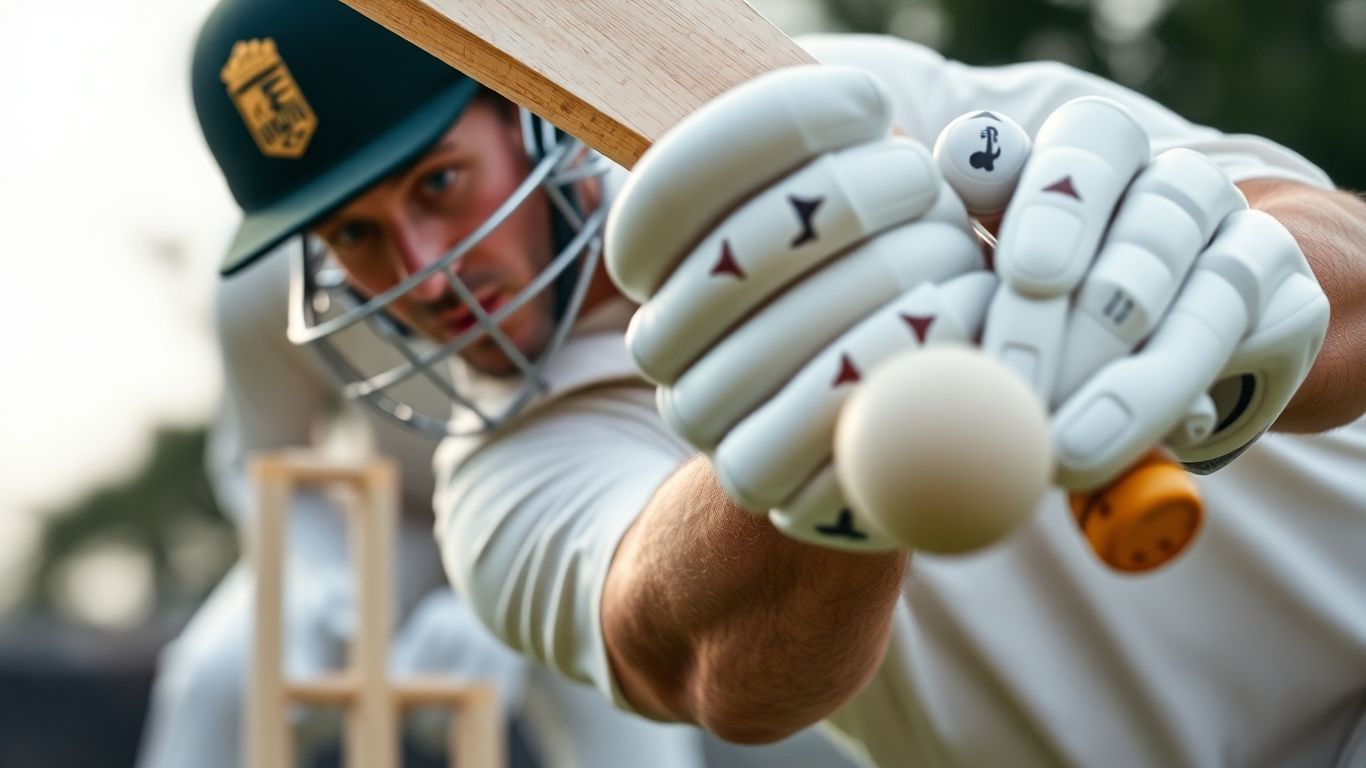 Cricket batsman hitting the ball near the stumps.