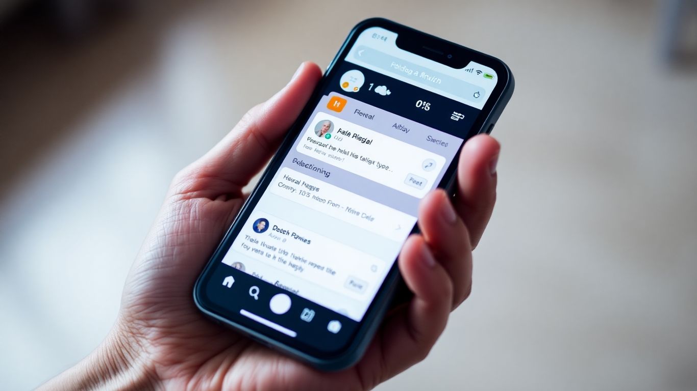 Mão segurando celular com ícones de redes sociais.