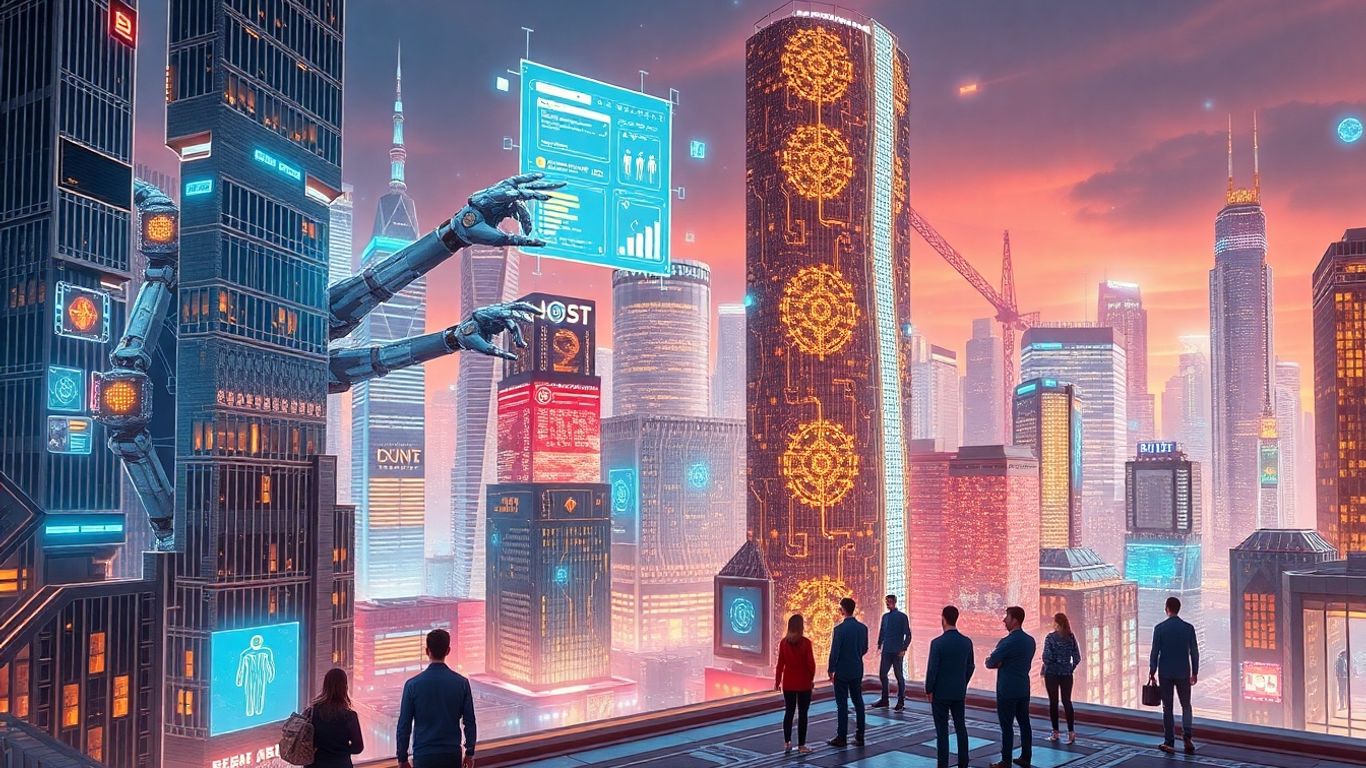 Futuristic cityscape with AI integration and human collaboration.