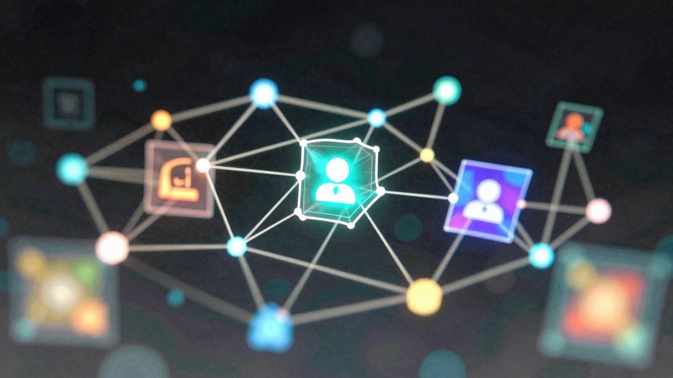 Abstract blockchain network with glowing interconnected nodes.