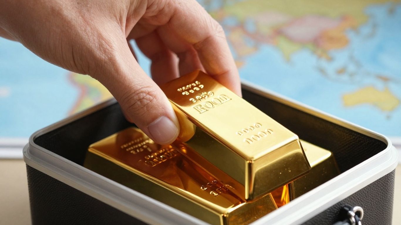 一只金手将一根金条放入公文包。