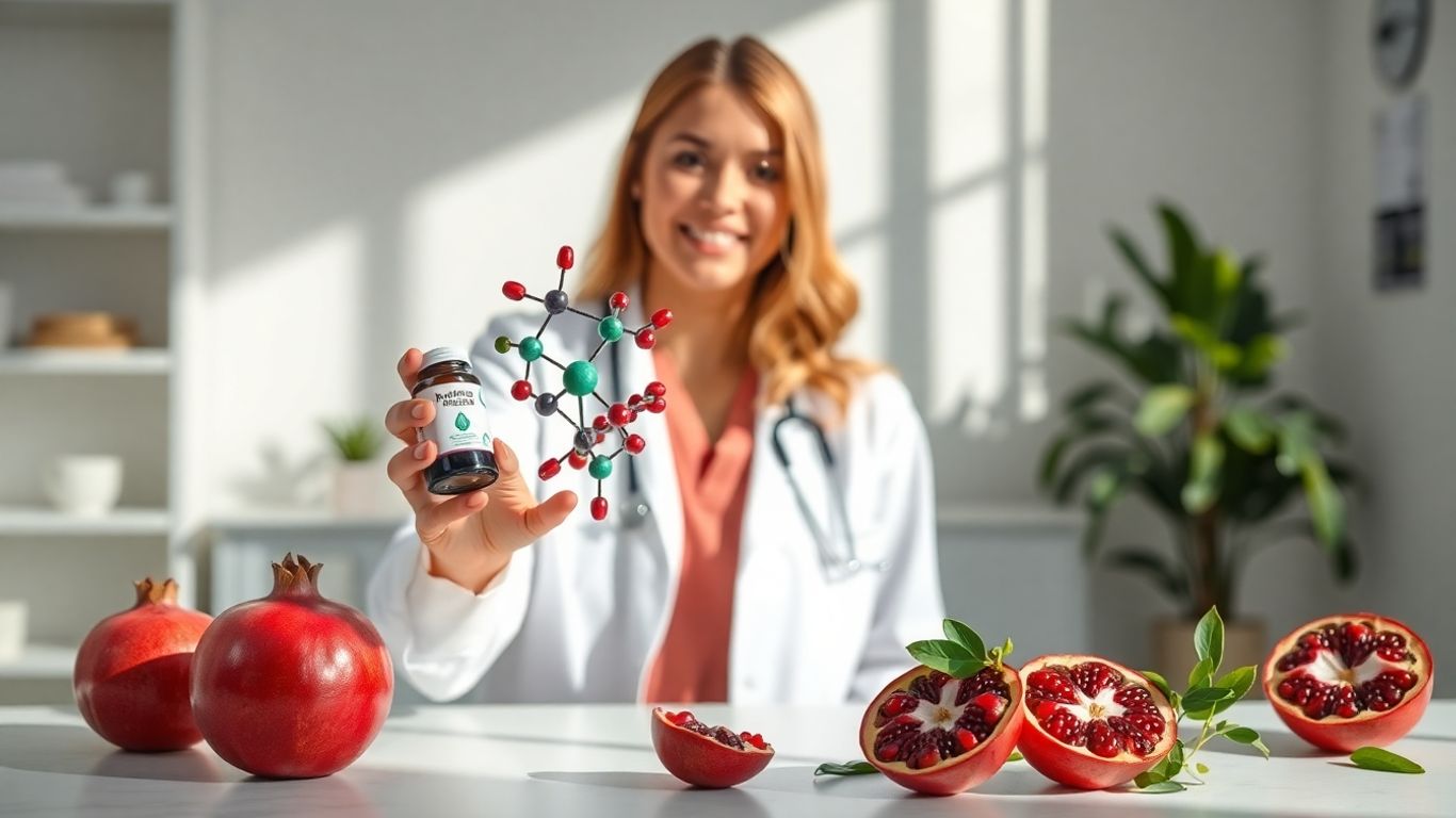 Doctor with supplements, molecular model, and fresh pomegranates.