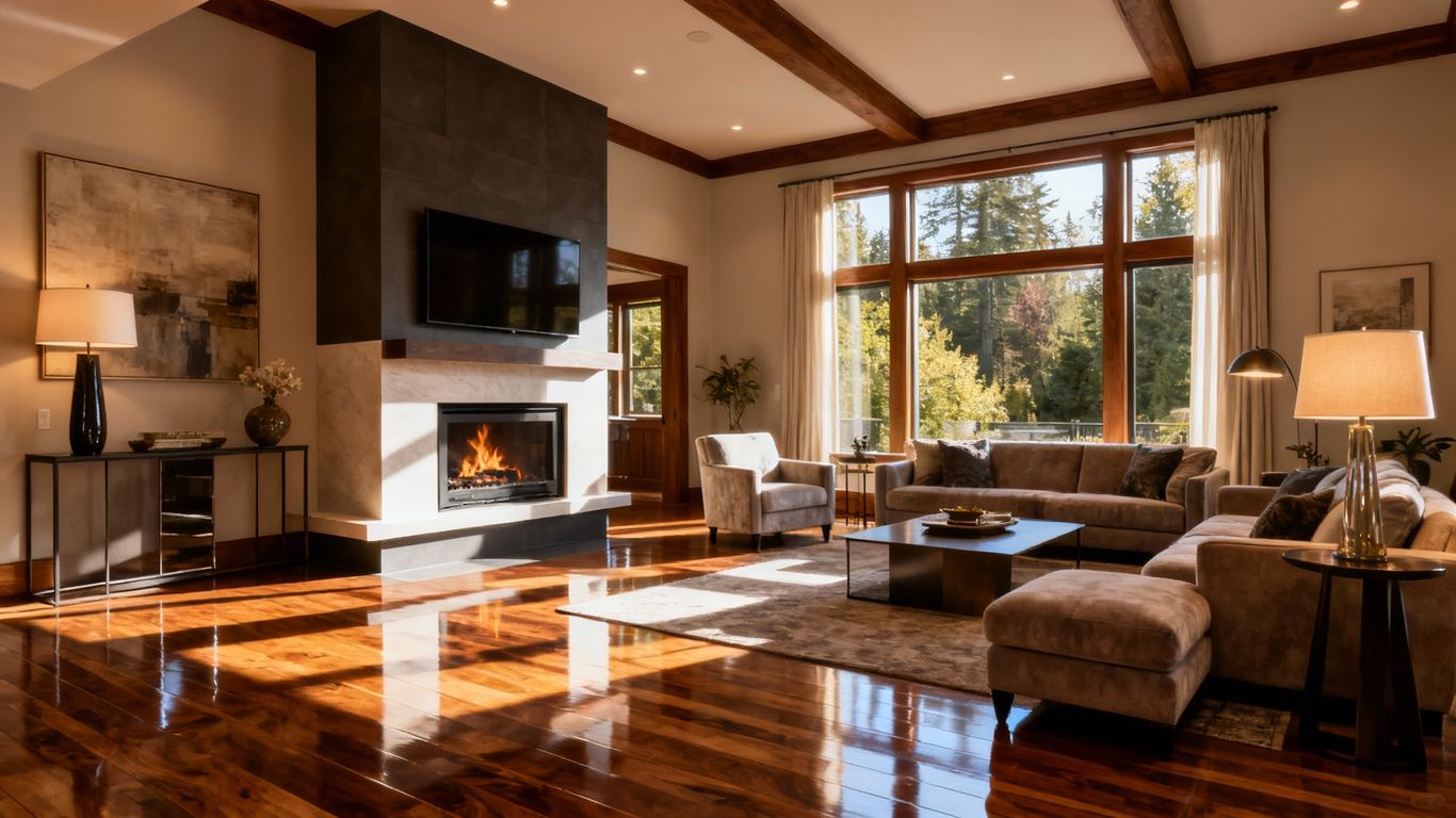 Modern living room remodel with fireplace and natural light.