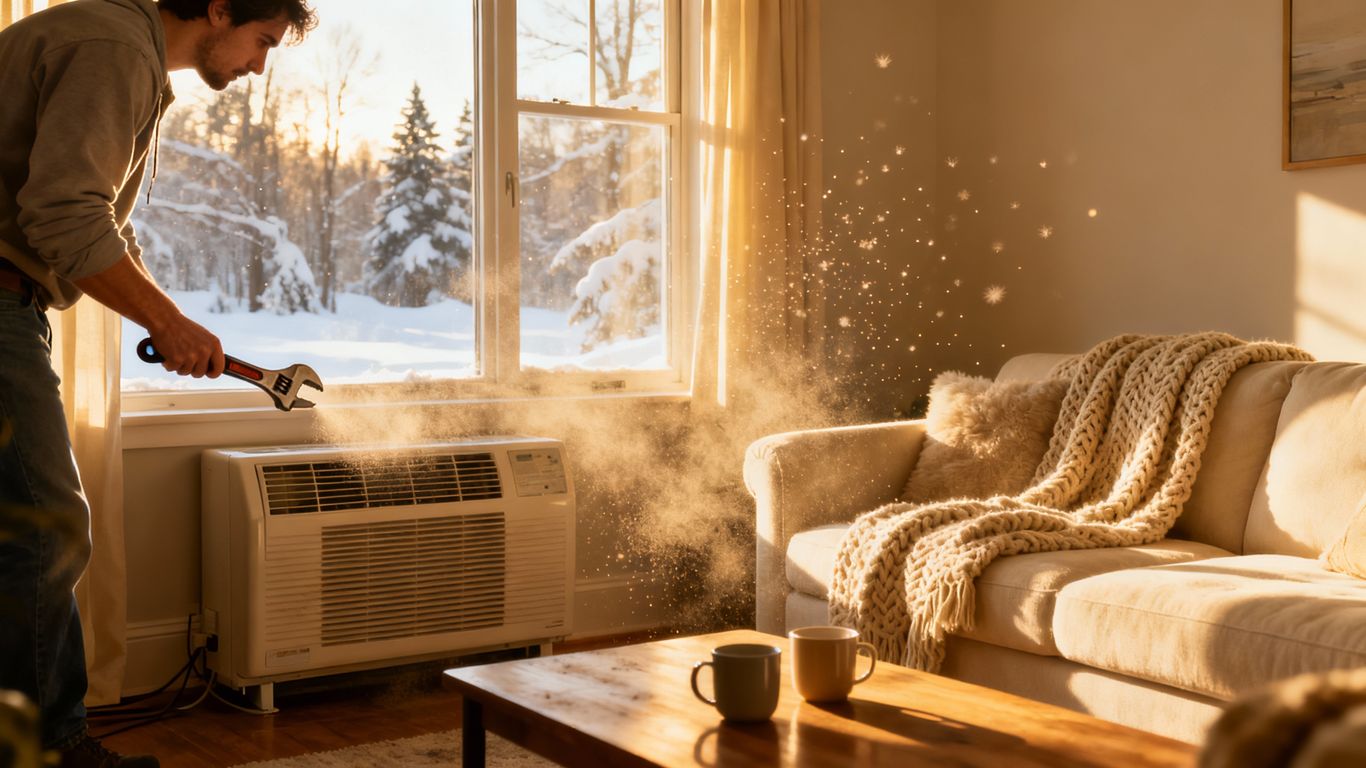 Winter AC maintenance in a cozy home.