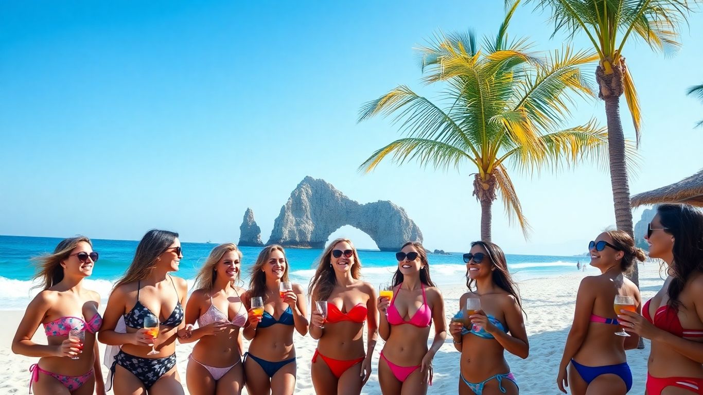 Cabo bachelorette party on a sunny beach with cocktails.