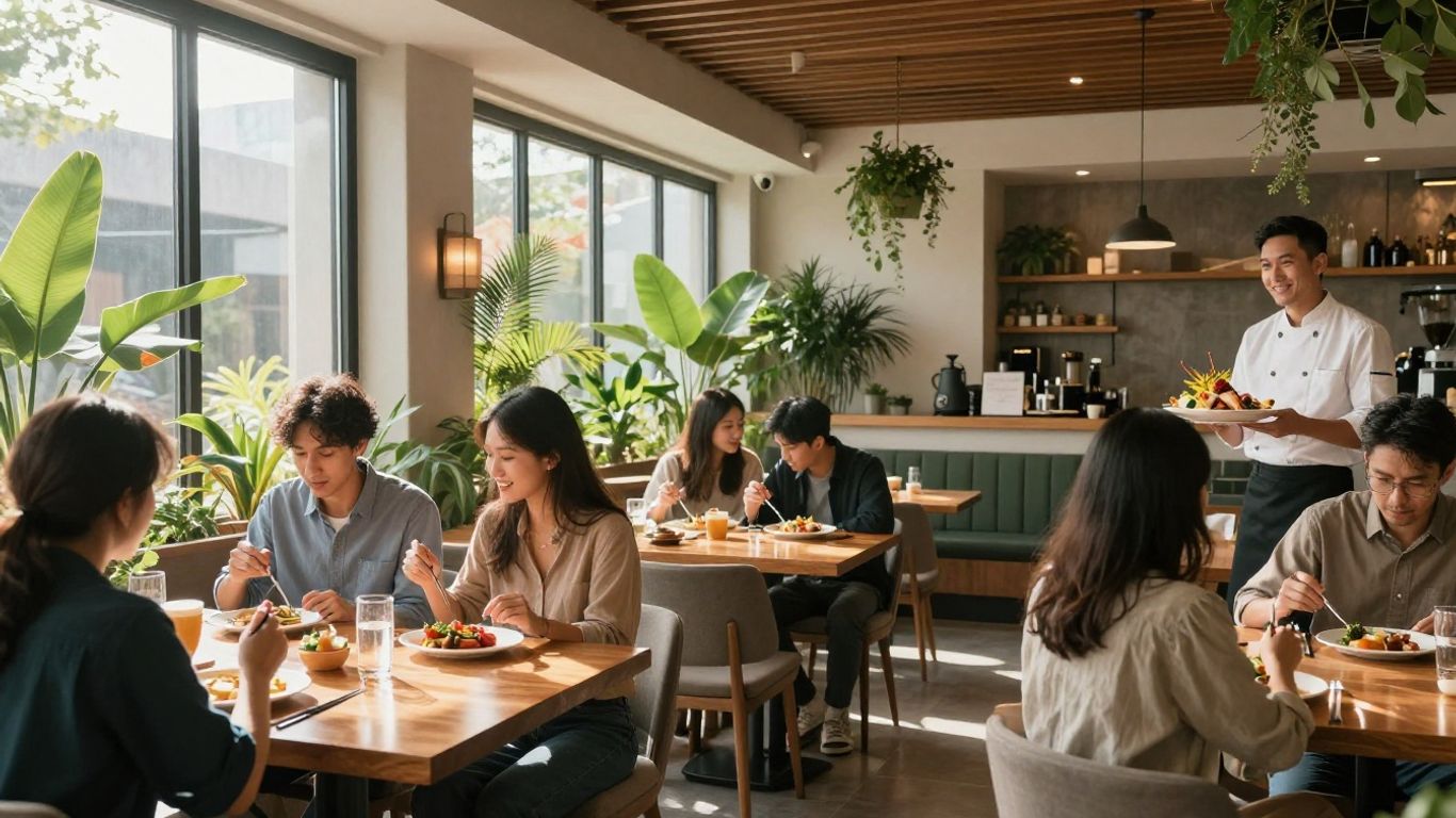 Restaurant growth strategy with happy diners and chef.