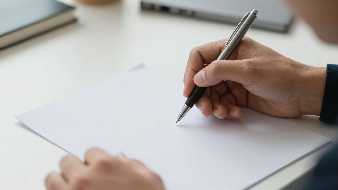 Hand met pen boven een blanco vel papier.