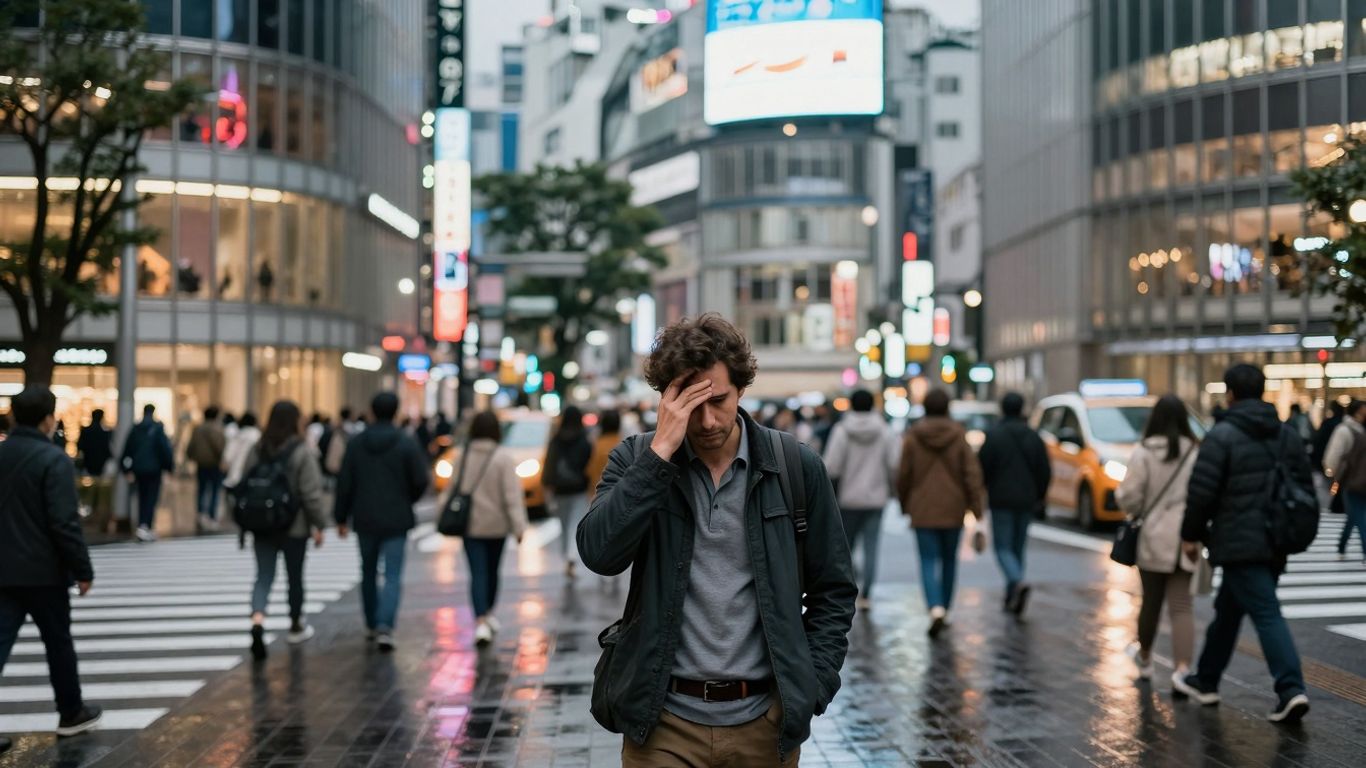 Expat feeling lost in a busy Tokyo street.