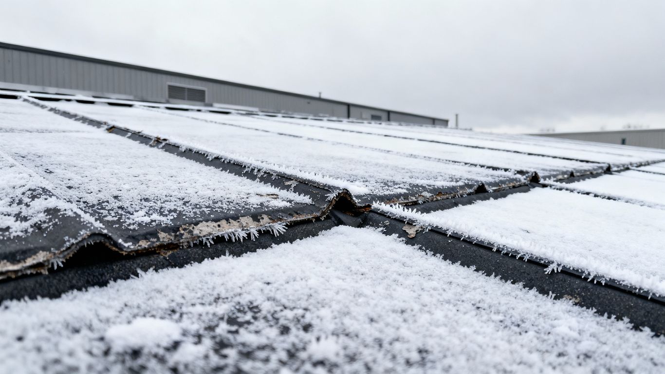 Commercial rooftop covered in light snow and frost.
