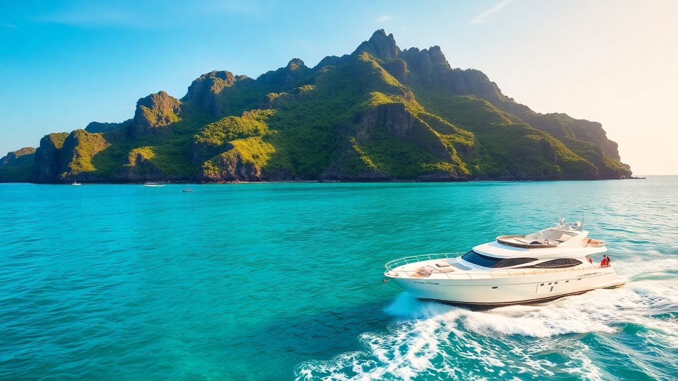 Luxury yacht sailing near Komodo Island cliffs.