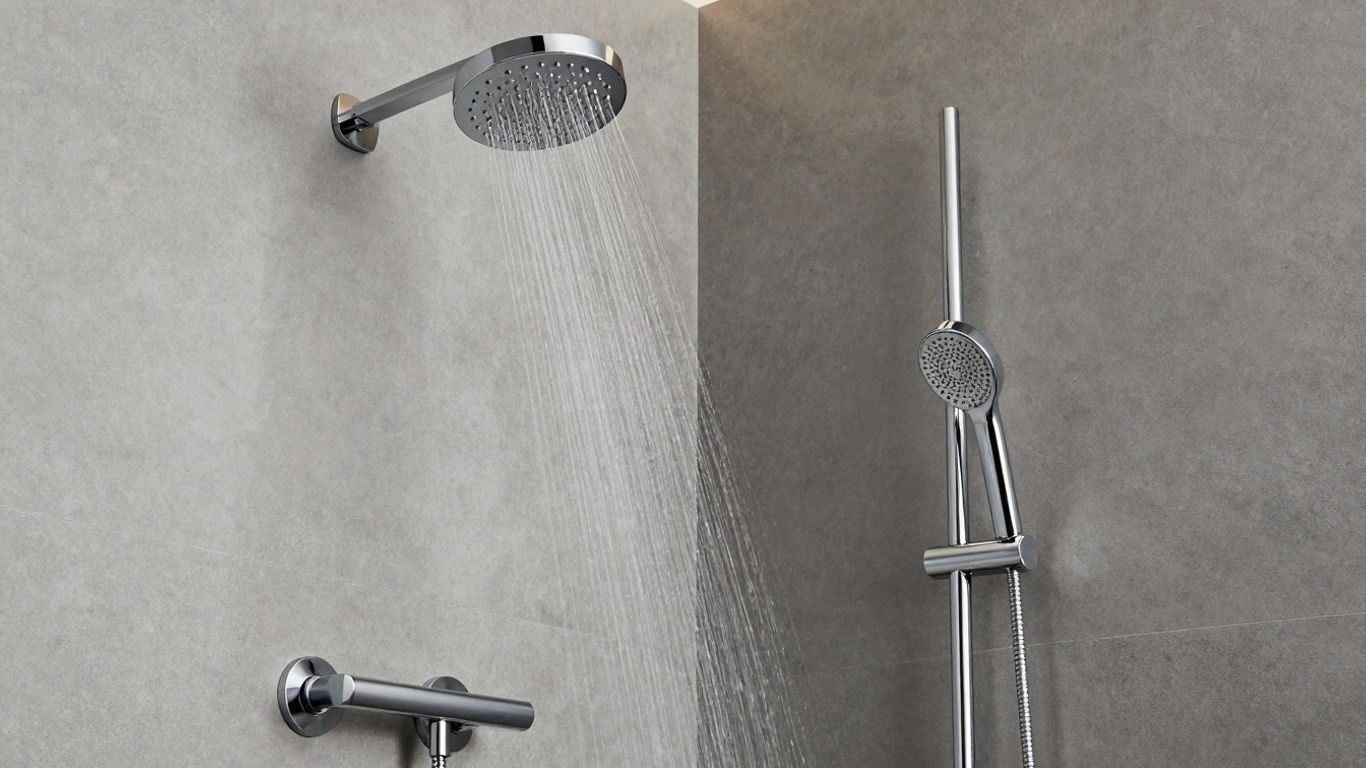 Modern concealed shower with handset in a bathroom.