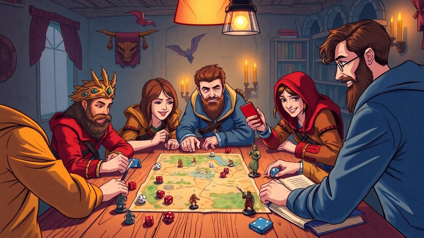Adventurers playing Dungeons and Dragons at a game table