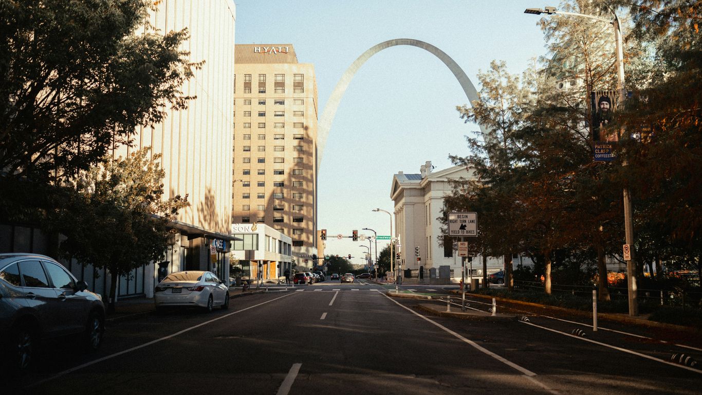 Gateway arch visible from a city street