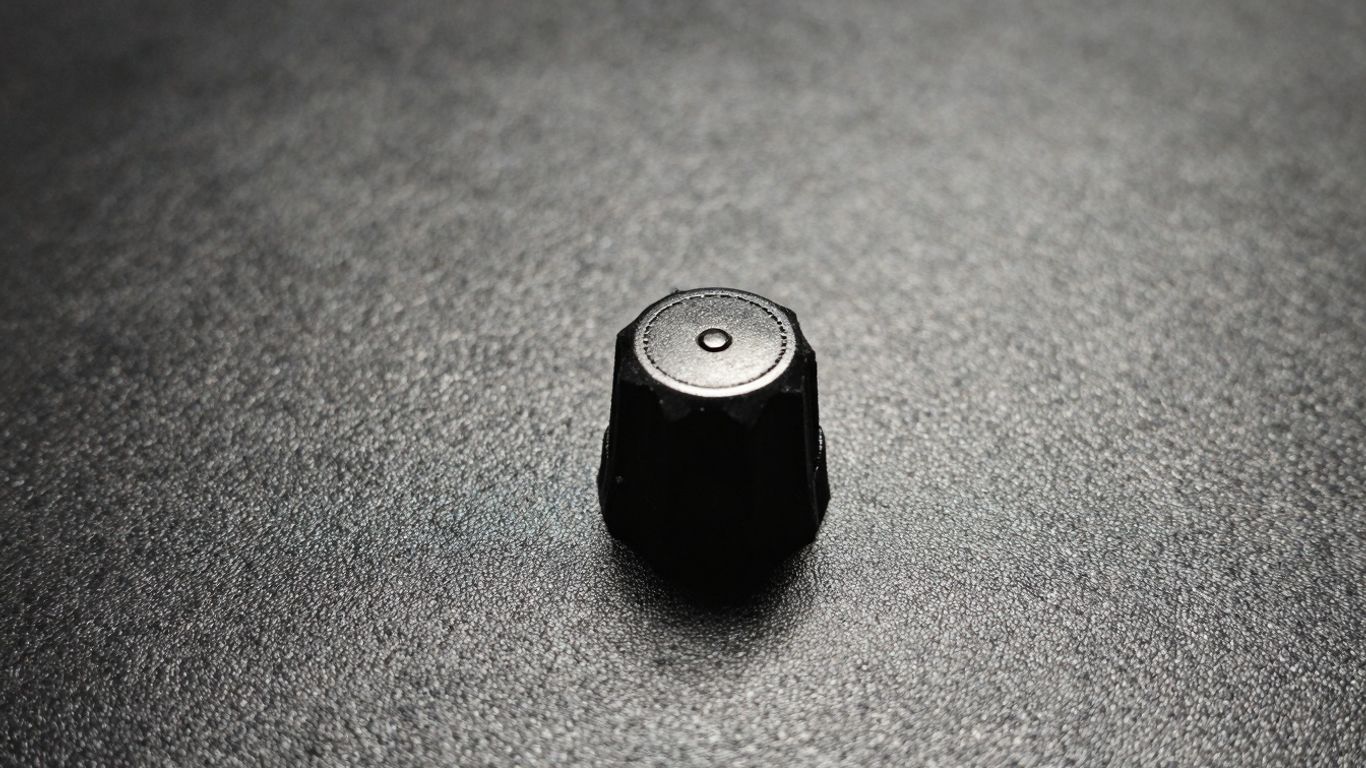 Tiny black valve cap on a dark surface.
