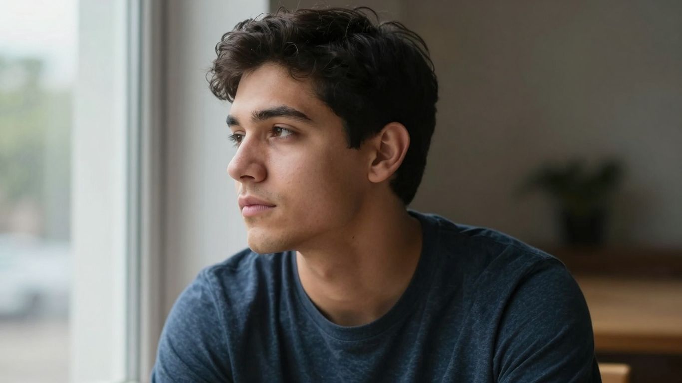 Young man looking out window, deep in thought.