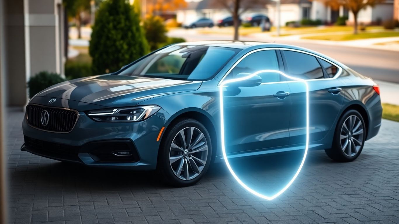 Car with anti-theft shield in driveway.