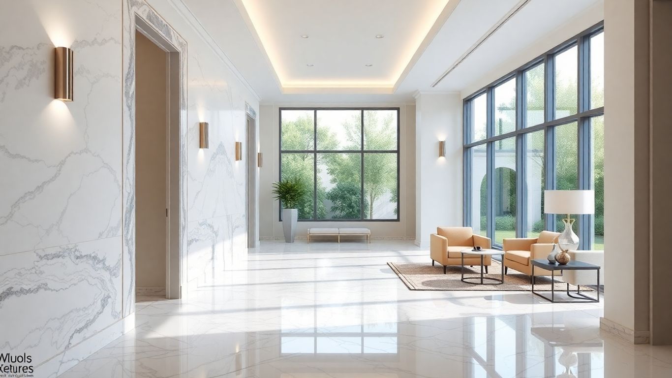 Hallway with Arabescato marble border and modern decor
