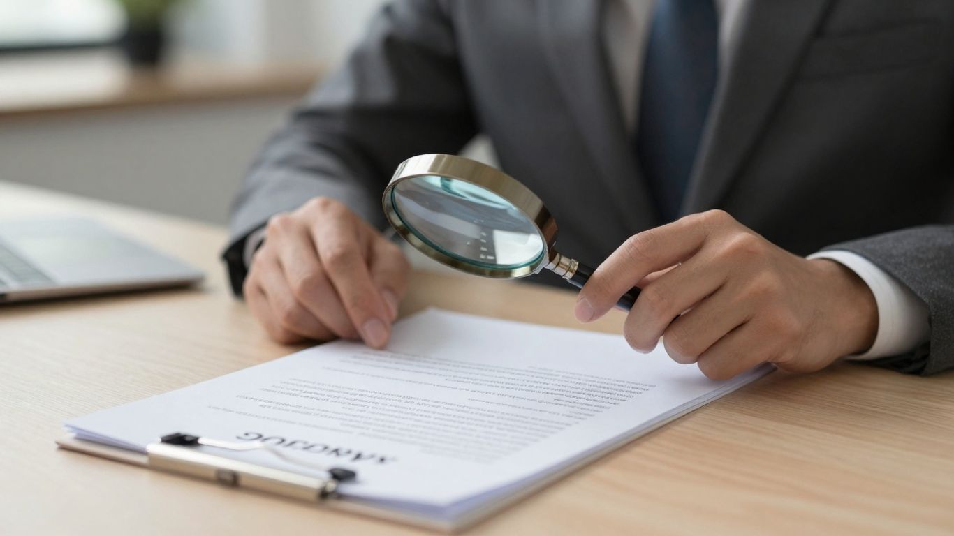 Professional reviewing a contract with a magnifying glass.