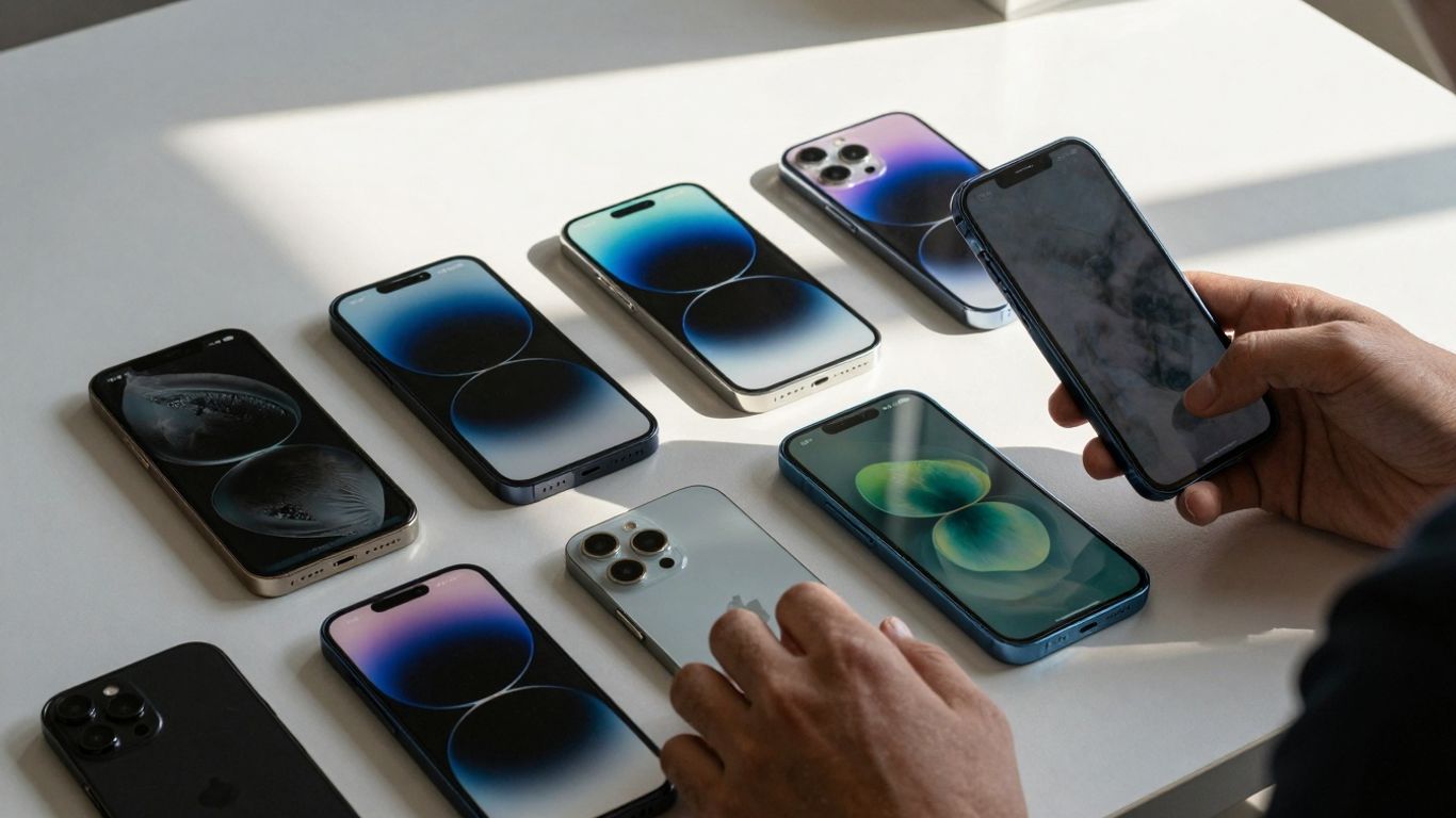 Pessoa escolhendo um celular moderno em uma mesa.