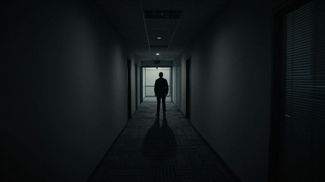 Silhouette in a dark office corridor, indicating a leadership void.