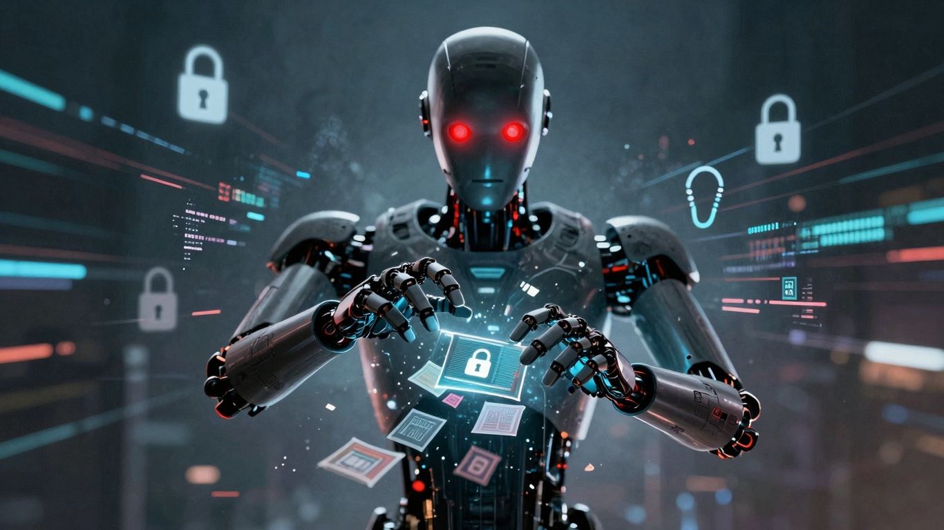 Android robot figure with glowing red eyes and data streams.