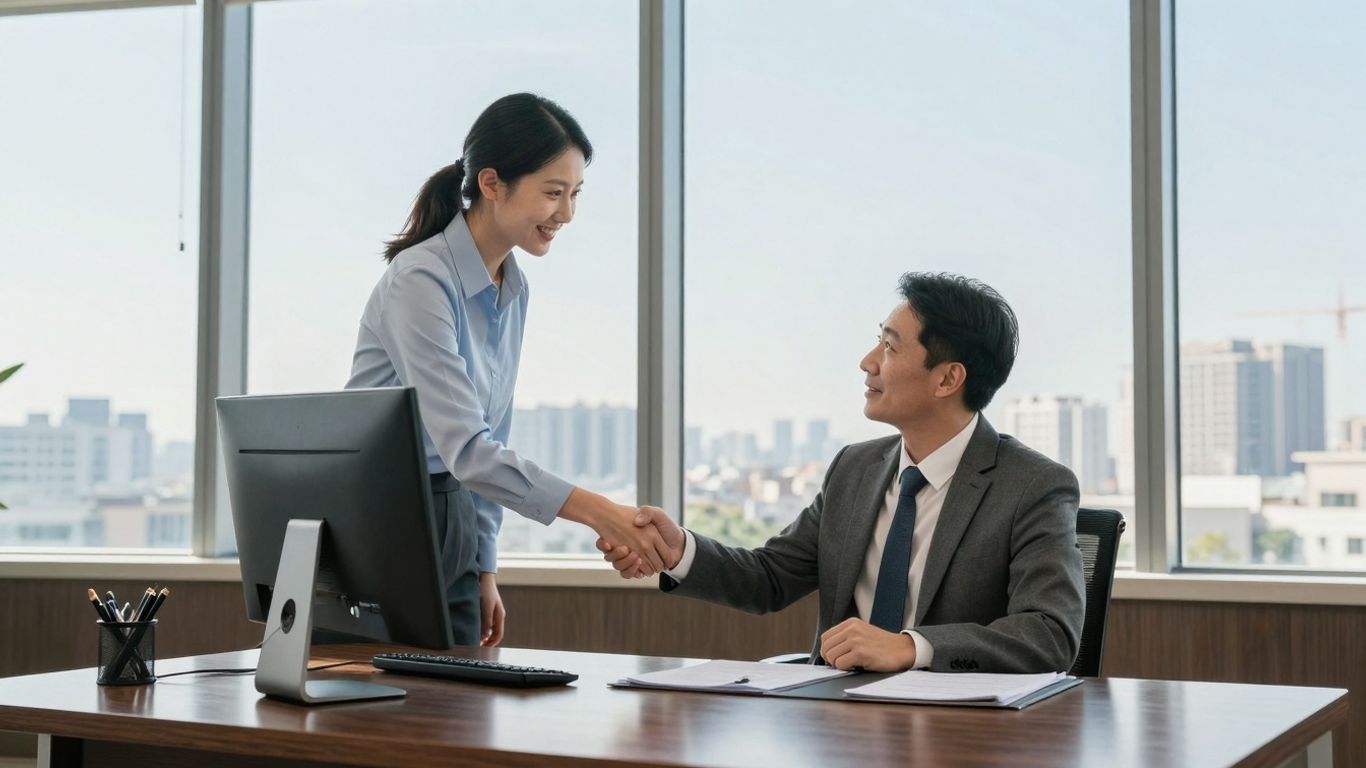 Investment banker shaking hands with client in office.