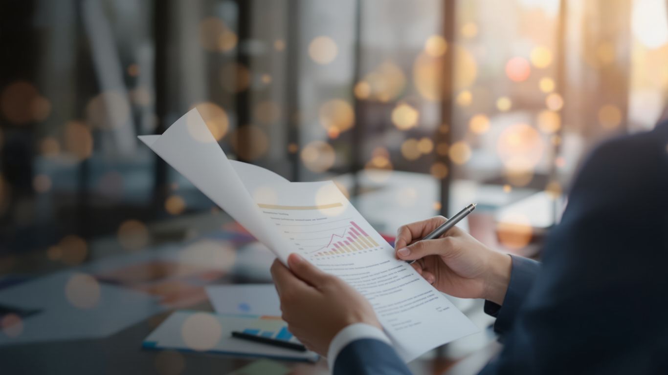 Business professional reviewing documents, symbolizing company name change.