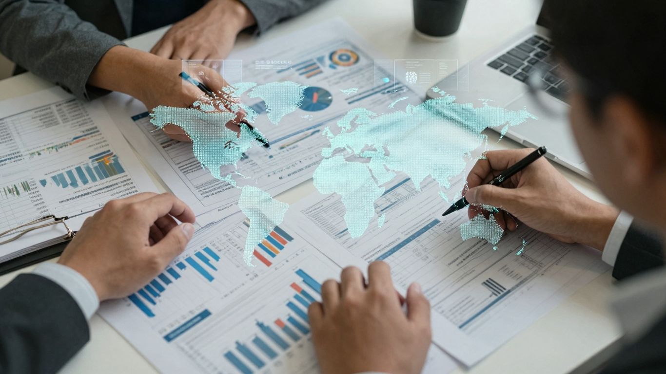 Financial documents and digital interfaces related to global reporting.