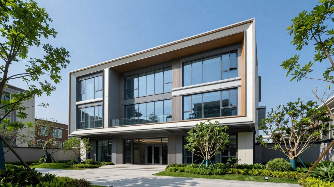 Modern building exterior with glass windows and trees.