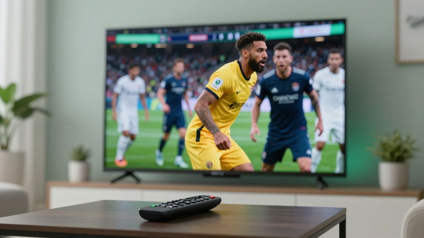 Salon moderne avec télévision diffusant un match de sport en direct.