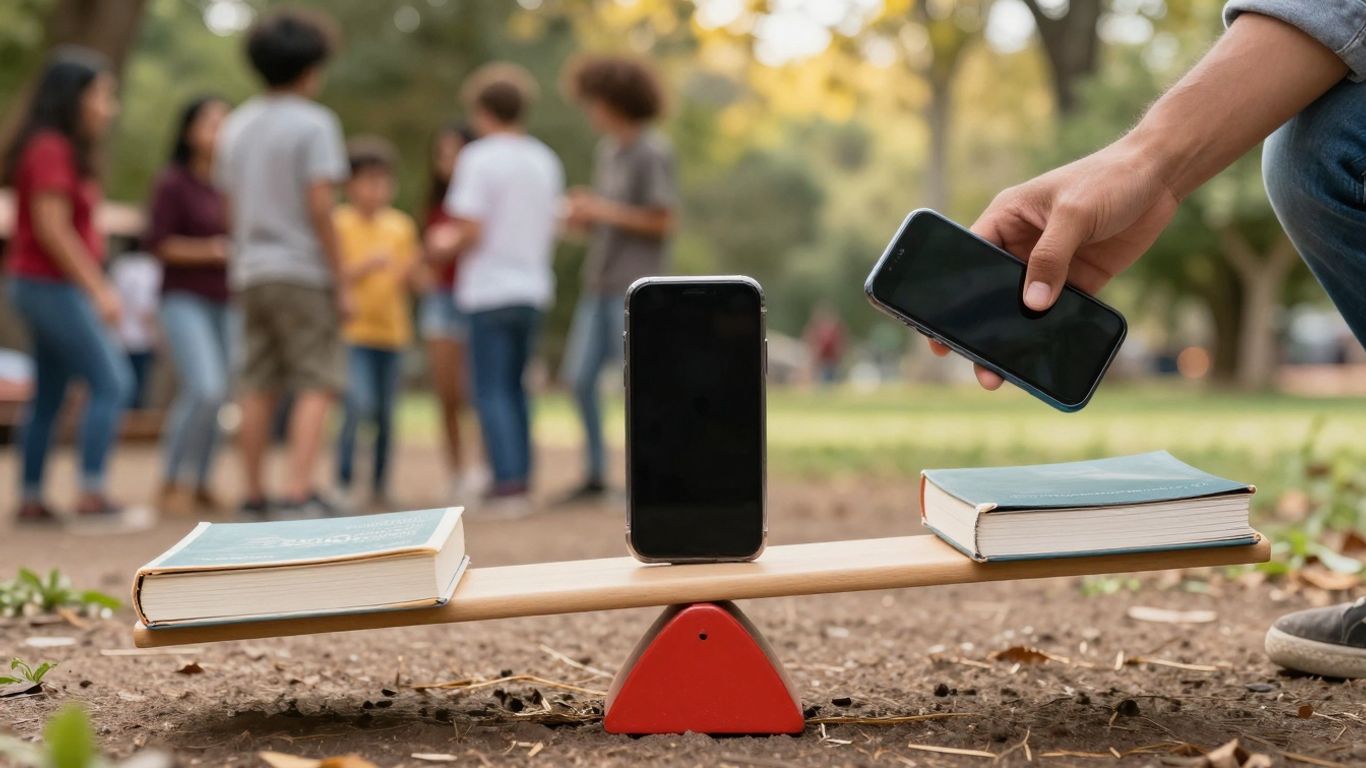 Persoană echilibrând viața digitală și cea reală.