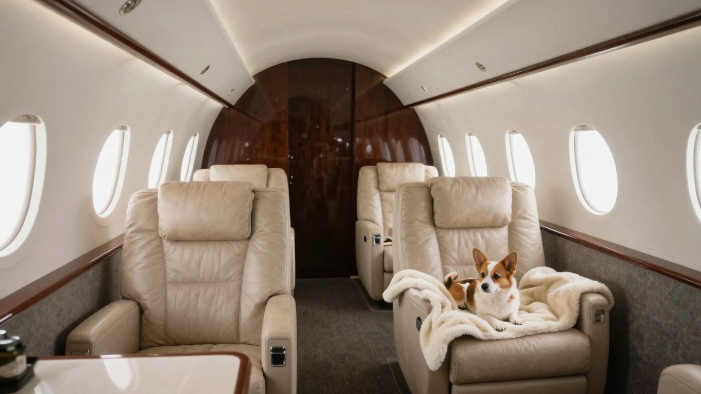 Family sleeping on a private jet with a pet.