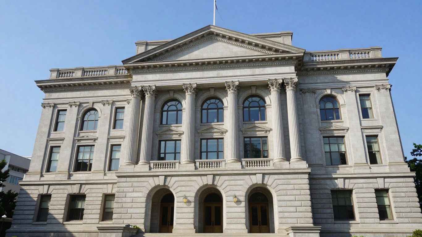 Gerichtsgebäude mit Säulen und Fenstern im Sonnenschein.