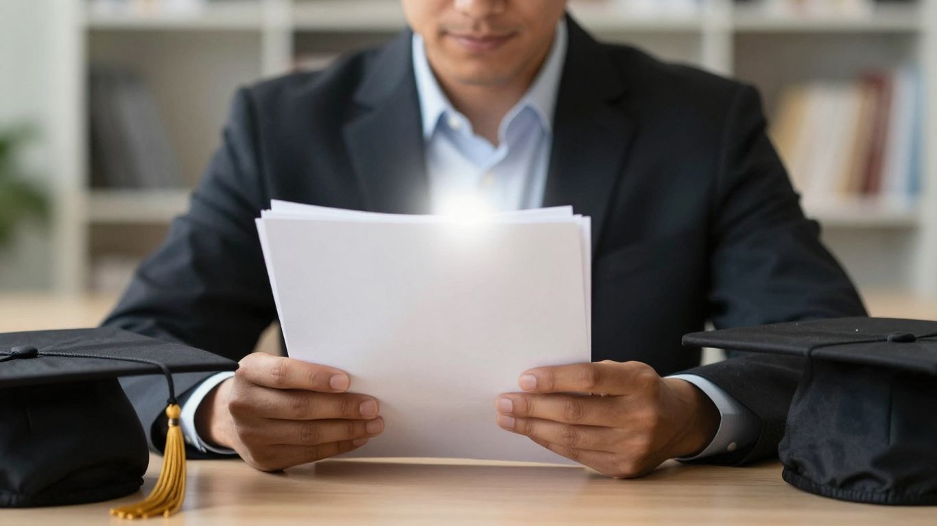 Relieved person with study loan documents and graduation cap.
