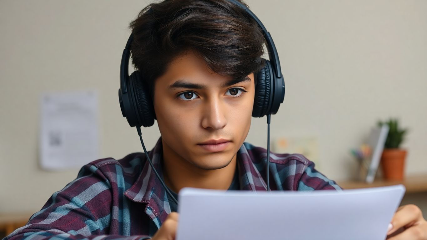 Student wearing headphones, focused on IELTS listening test.